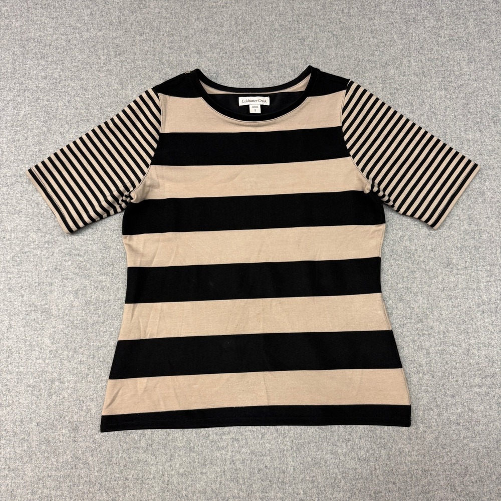 Coldwater Creek | Striped Short Sleeve Knit Top | S | Black Tan | Mixed Stripes